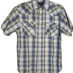 RK Brand Mens Shirt Size Small Western Pearl Snap 2 Pocket Blue Plaid Short Slv